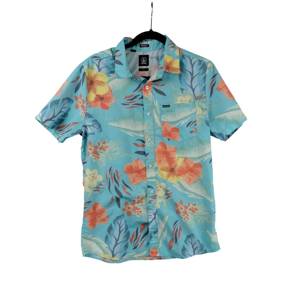 Volcom Mens Modern‎ Fit Tropical Floral Hibiscus Button Up Shirt Aqua Blue S